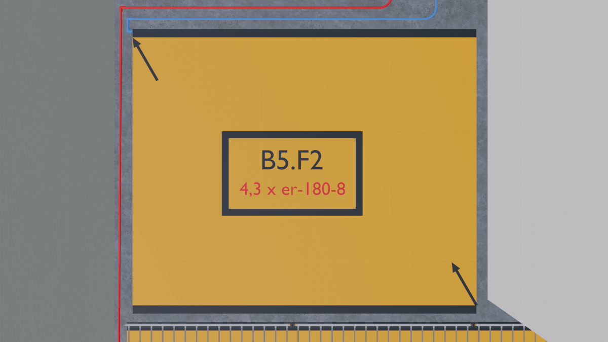 Schematische Darstellung eines Flächenheizungs-Registers in einer Decke mit Beschriftung