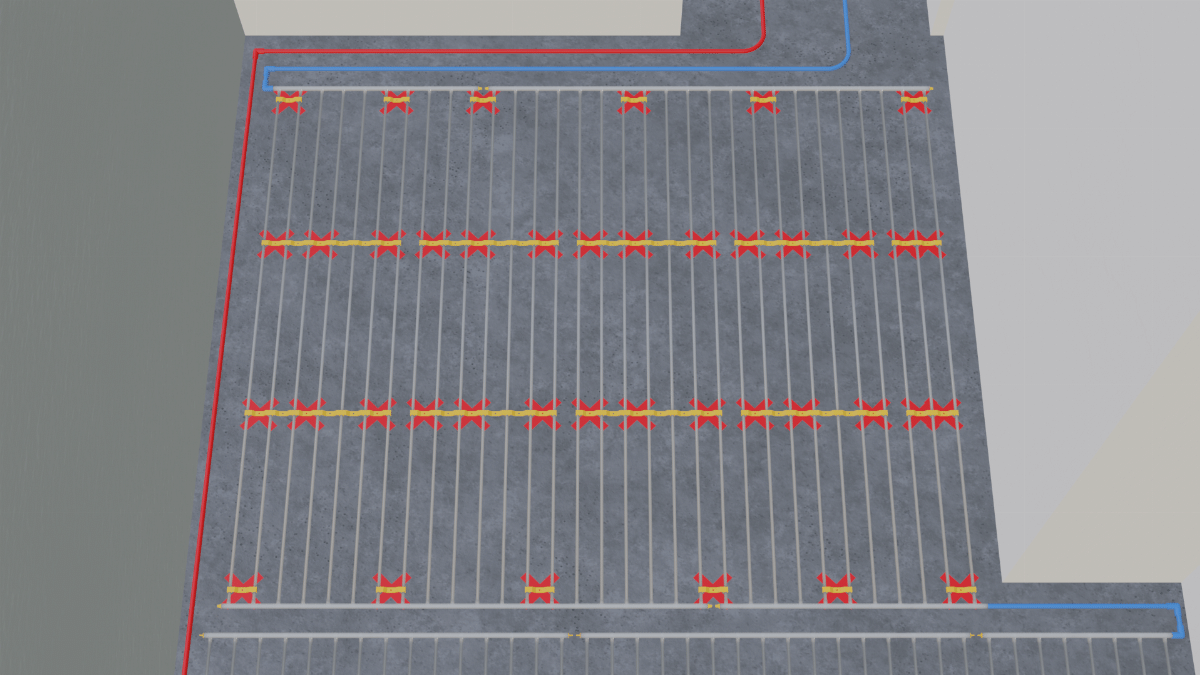 Verlegte Kunststoff-Register für Flächenheizung auf Baustelle in Decke eingebaut