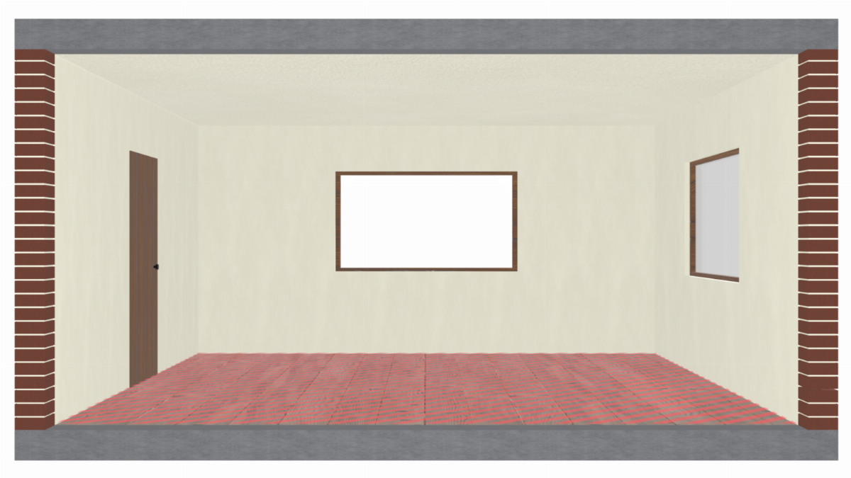 Leerer Raum mit eingebautem Kunststoff-Register in der Decke und Wänden zur Flächenheizung