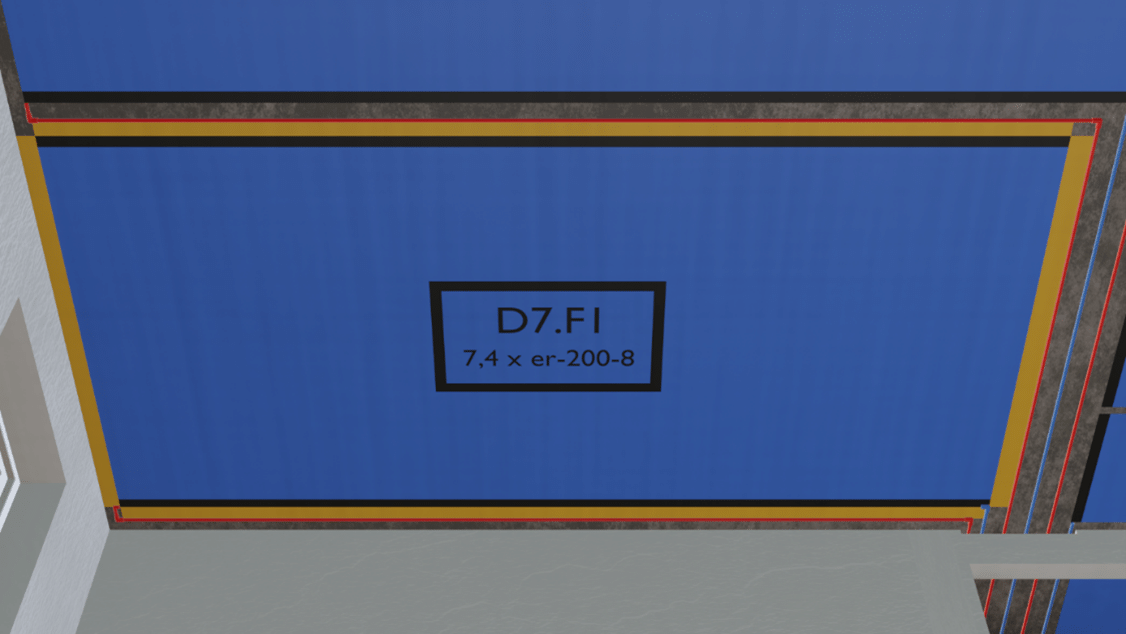 Blick auf eine blaue Kunststoff-Flächenheizung in einer Decke mit Markierungen und Beschriftung