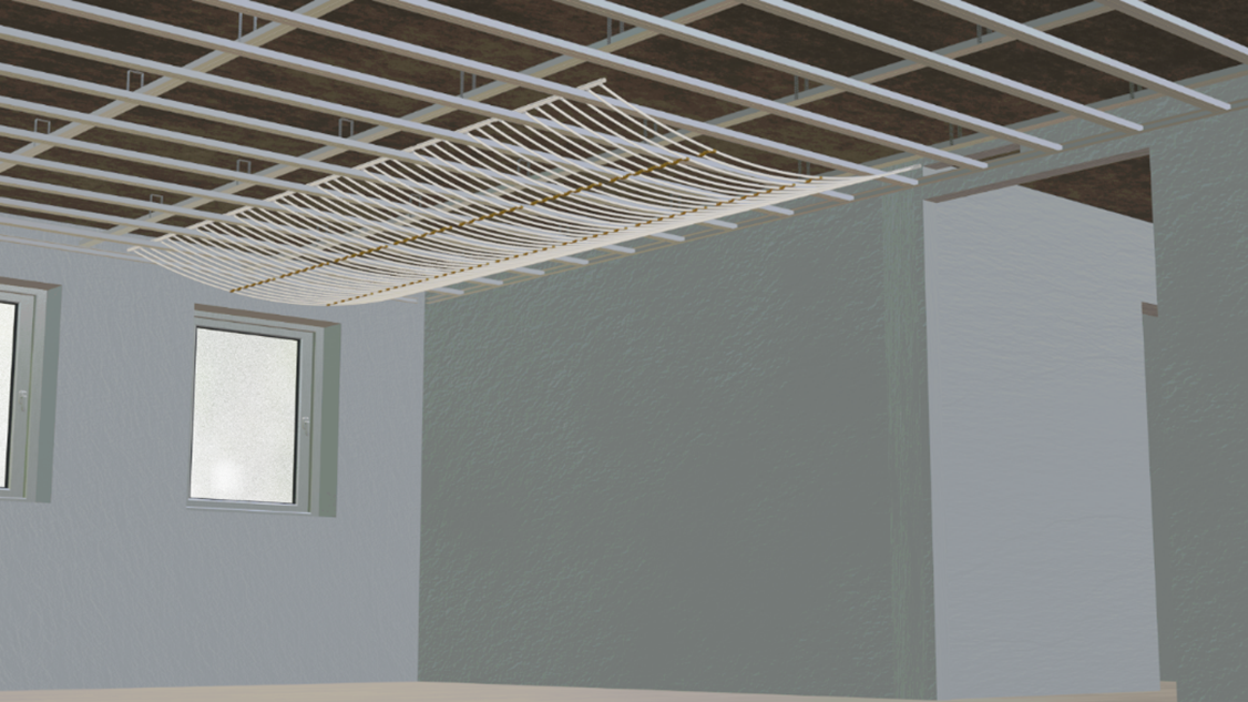 Blick auf Kunststoff-Register für Flächenheizung an Decke in Rohbau mit Fenstern