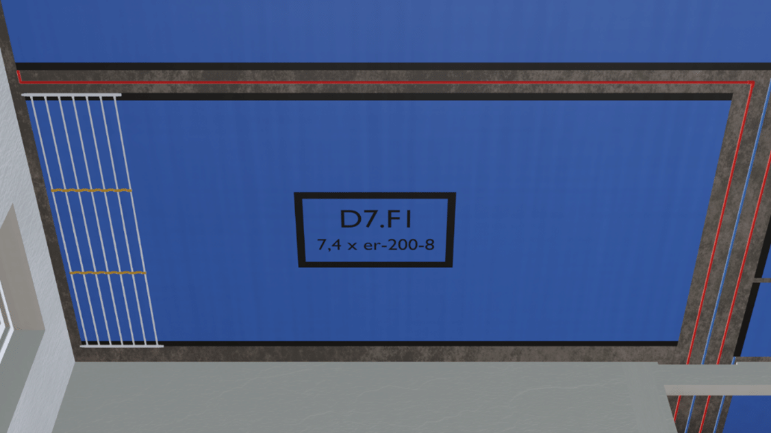 Blick auf blaue Decke mit eingebautem Kunststoff-Register für Flächenheizung und Kühlung