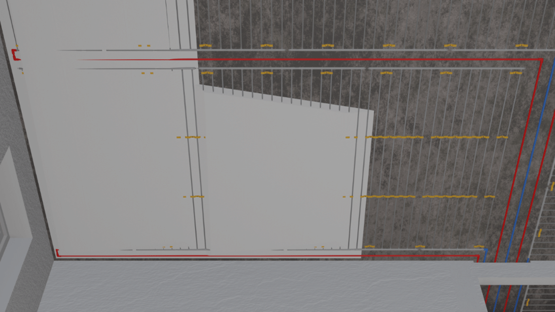Decke mit eingebauten Kunststoff-Registern für Flächenheizung und -kühlung auf Baustelle