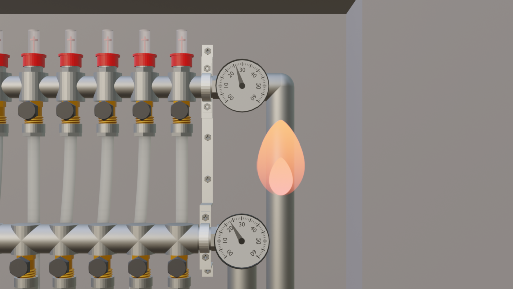Nahaufnahme eines Heizungsrohrsystems mit Manometern und Flamme an der Wand montiert