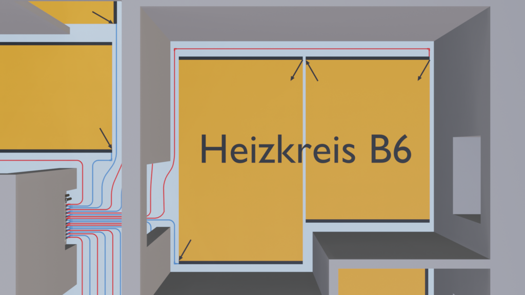 3D-Grundriss mit eingezeichnetem Heizkreis B6 in einem Raum