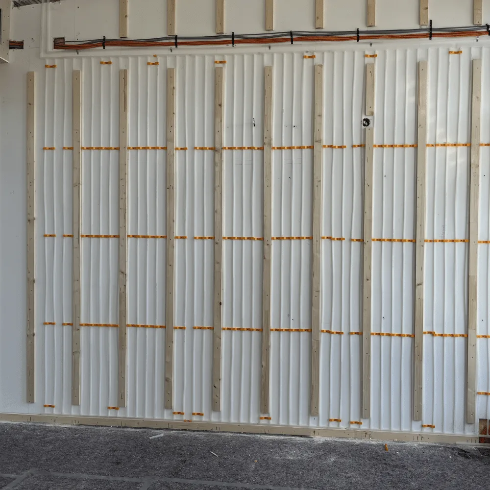 Flächenheizungs-Register aus Kunststoff auf Baustelle an Wand montiert
