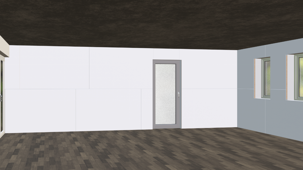Leerer Raum mit dunklem Boden und Decke sowie weißen und grauen Wänden