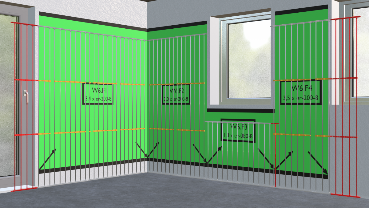 3D-Darstellung von grünen Kunststoff-Registerplatten an Wand und Decke eines Raums