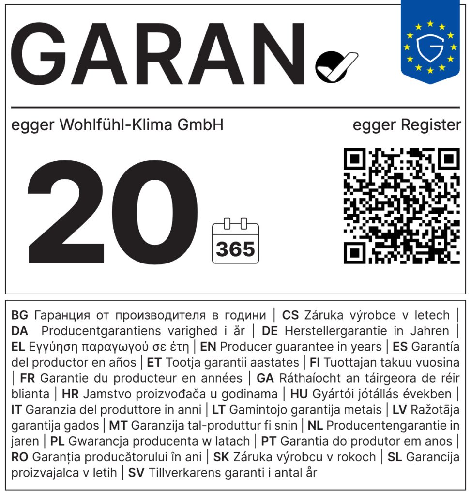 Garantiehinweis mit QR-Code für Egger Wohlfühl-Klima GmbH 20 Jahre